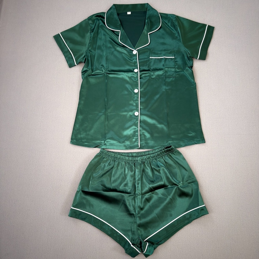 Women's Size M Silk Satin‎ Pajama Shorts Set Two-piece Pj Sleepwear Green New